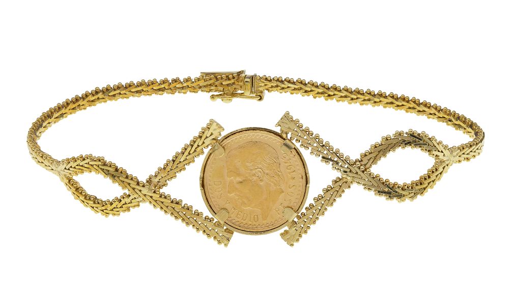 Lot 332: 1945 2 1/2-Pesos Gold Coin in 14k Yellow Gold Bracelet