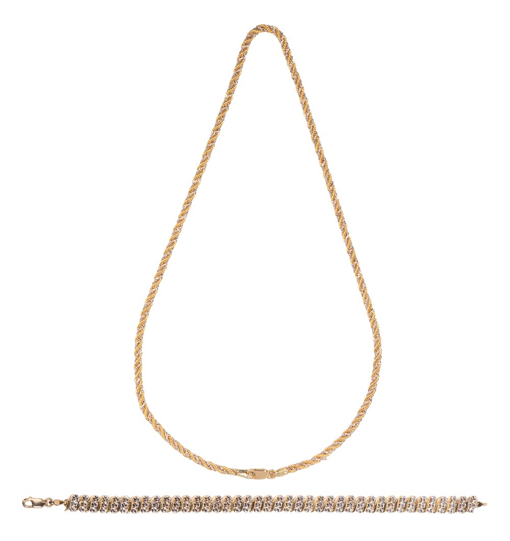 Lot 374: 14k Yellow and White Gold Necklace and Bracelet