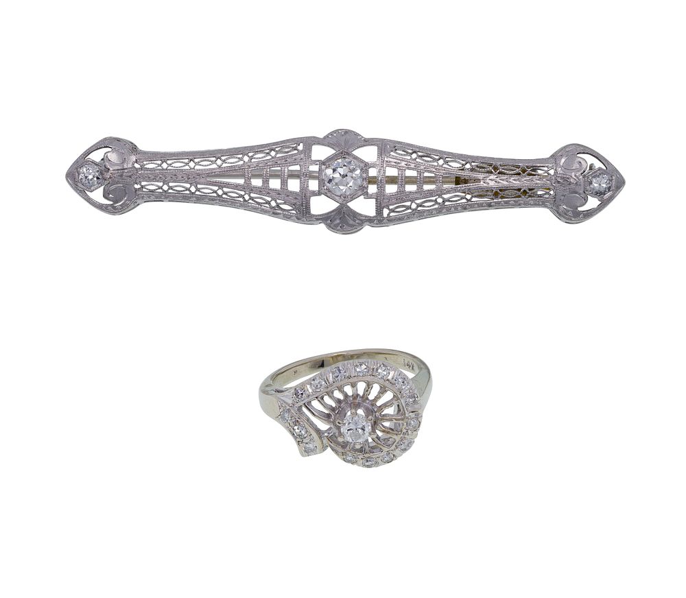 Lot 417: 14k White Gold and Diamond Brooch and Ring