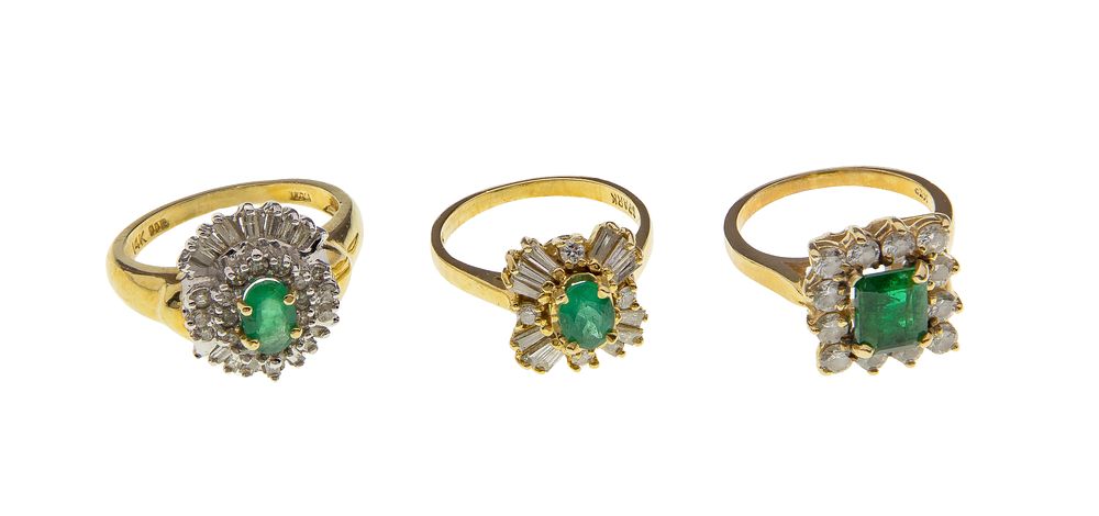 Lot 447: 14k Yellow Gold, Emerald and Diamond Ring Assortment