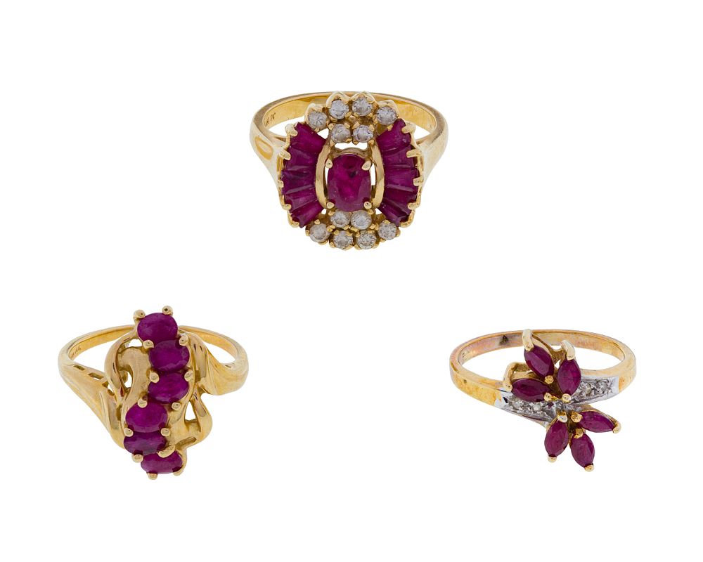 Lot 449: 14k Yellow Gold, Ruby and Diamond Ring Assortment