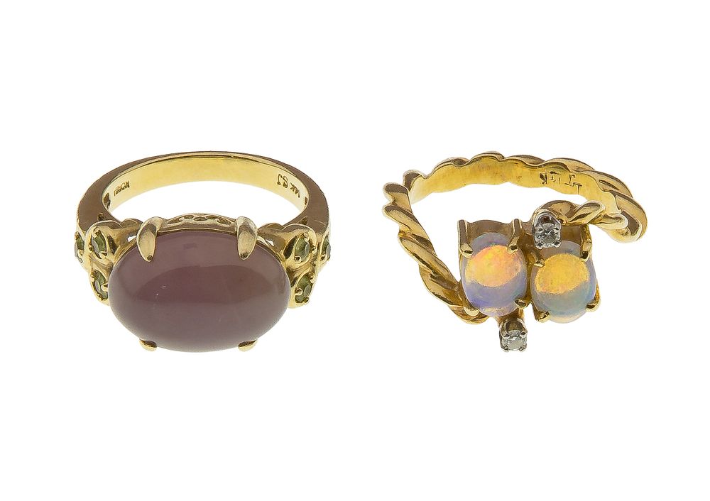 Lot 450: 14k Yellow Gold and Opal / Lavender Jade Rings