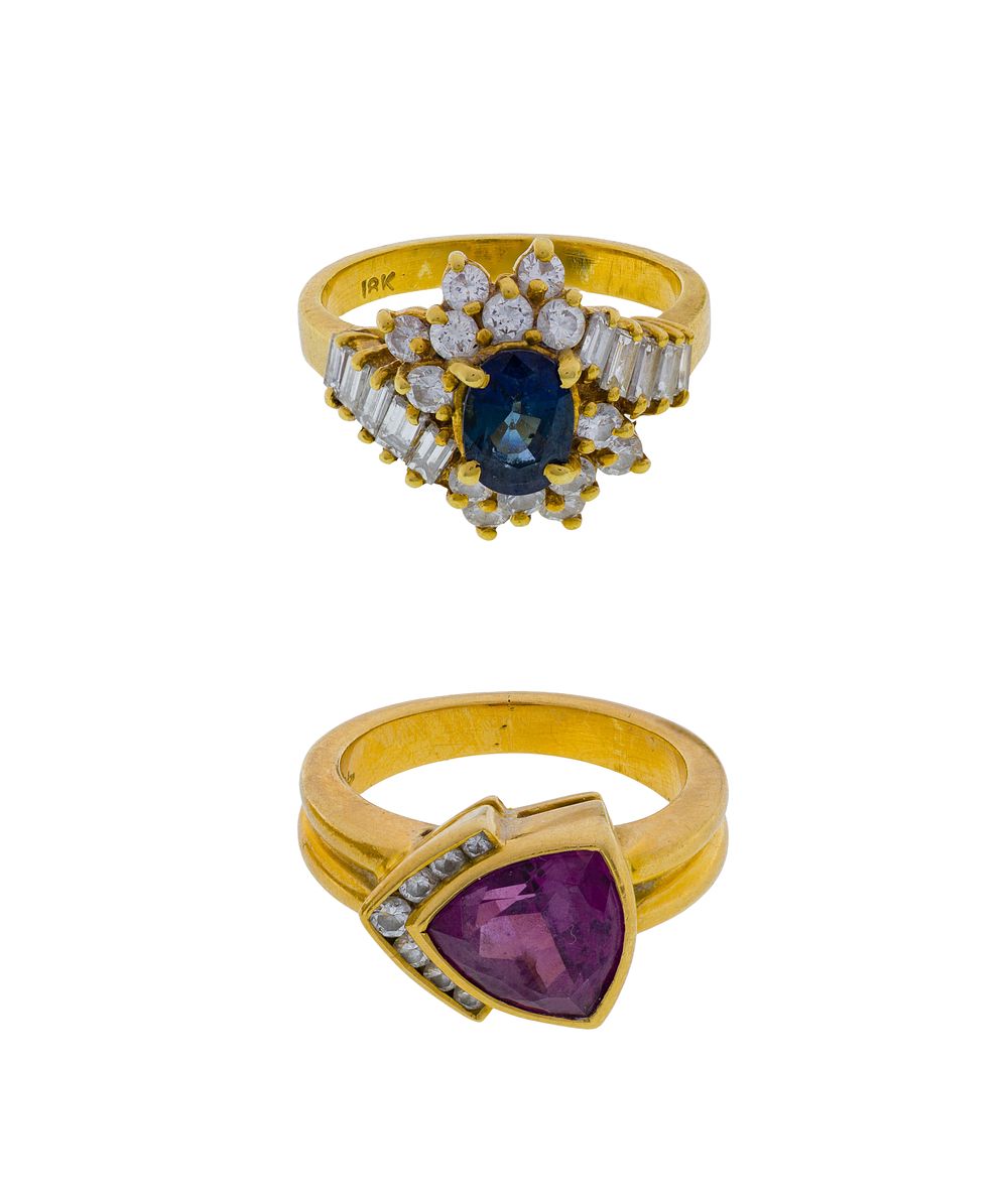 Lot 459: 18k Yellow Gold, Gemstone and Diamond Rings