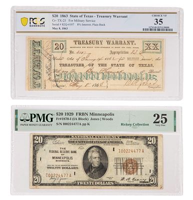 Certified Notes (2) items including 1863 $20 State of Texas - Treasury Warrant Cr- TX-25 for 