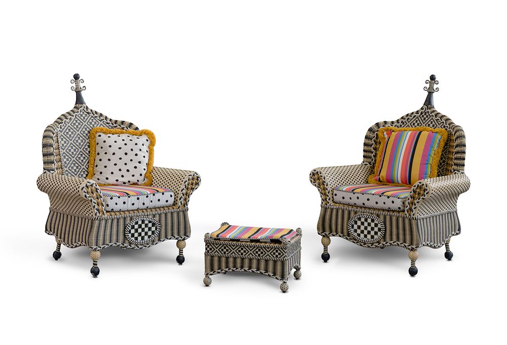 Lot 282: MacKenzie-Childs Queen Bee Chairs and Ottoman