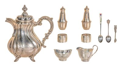 Sterling Silver Tableware Assortment (10) total items including a tea, a salt and pepper shaker 
