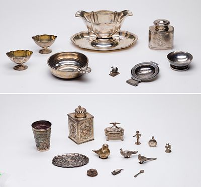 Sterling Silver Table Objects (19) items including a gravy boat having attached plate, nut 