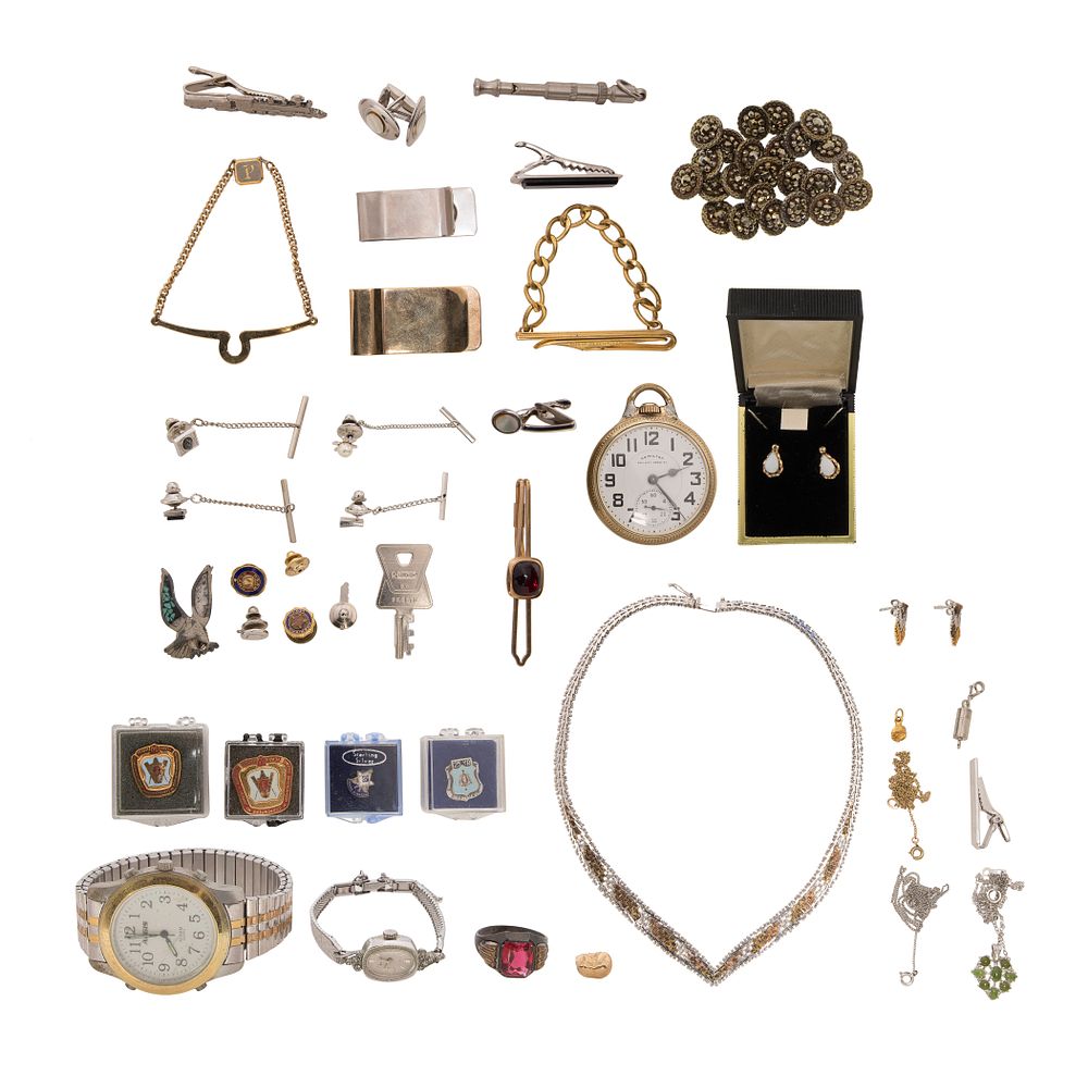 Lot 335: Pocket Watch, Costume Jewelry and Gold Fragment Assortment