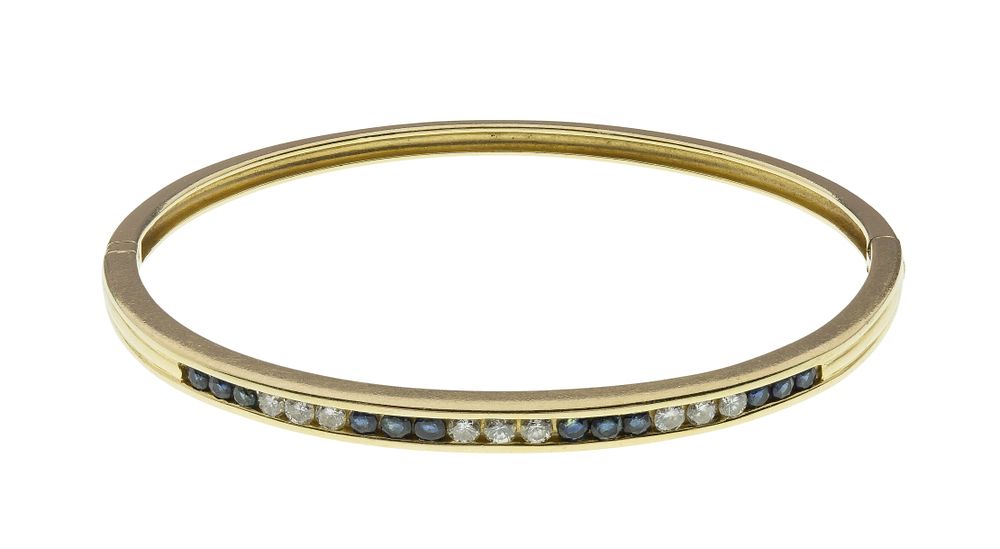 Lot 350: 14k Yellow Gold, Sapphire and Diamond Hinged Bangle Bracelet