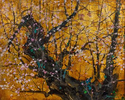 Tinyan Chan - Tinyan Chan (Chinese / Canadian, b.1942) 'Japanese Cherry Blossoms' Oil on Canvas 