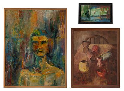 Various Artists (20th Century) Modernist Oil Painting Assortment (3) items including a portrait 