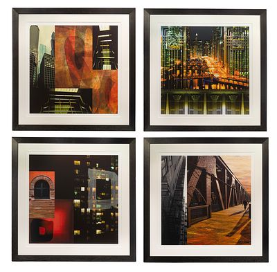 Chicago Themed Offset Lithograph Assortment (4) items depicting urban scenes, uniformly matted 