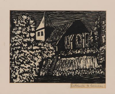 Unknown Artist (20th Century) Linocut Undated, illegibly signed, depicting a church amid 
