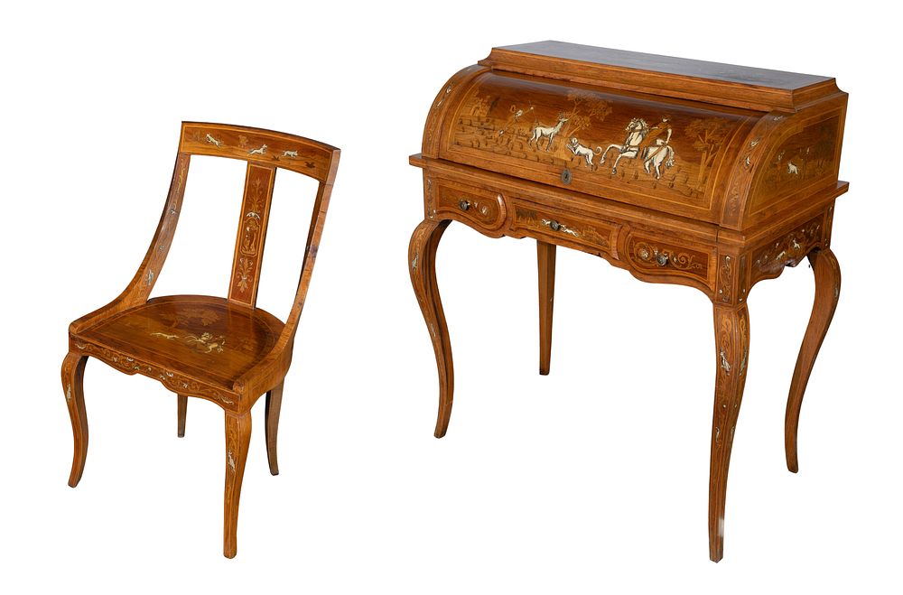 Lot 329: Louis XV Style Marquetry Cylinder Desk and Chair