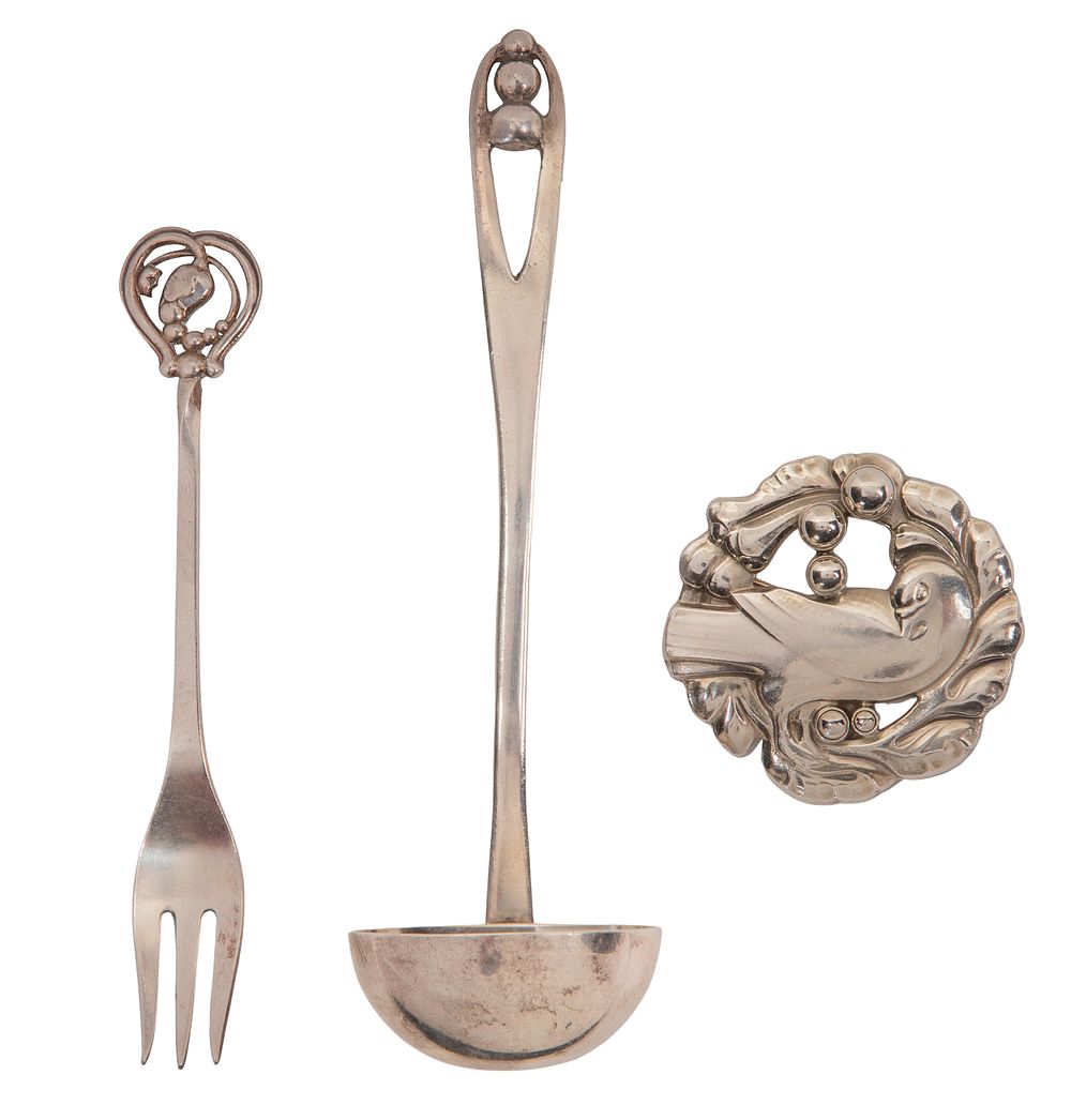 Lot 380: Georg Jensen Sterling Silver Brooch and Utensils