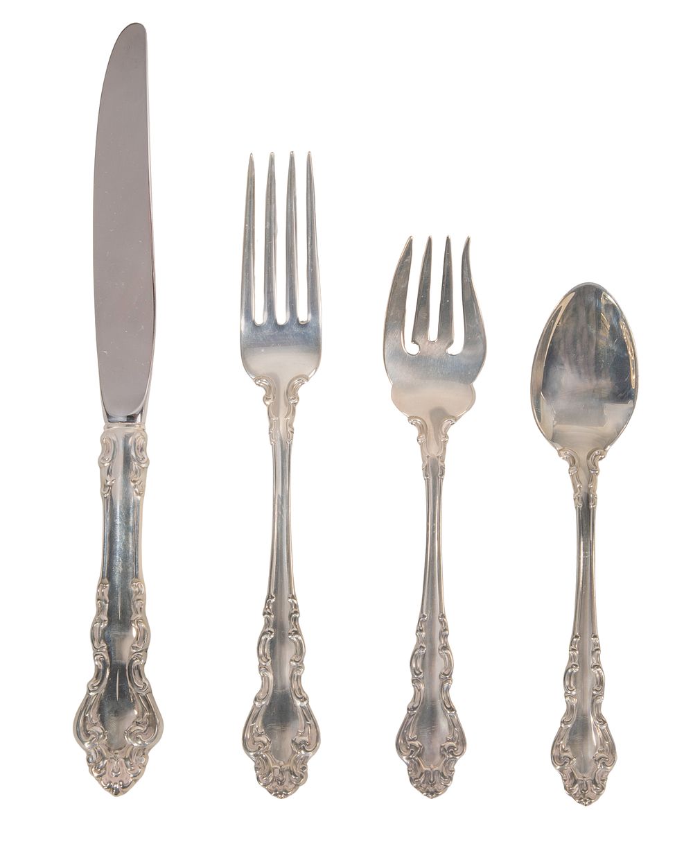Lot 382: Reed & Barton Cottage Rose Sterling Silver Flatware Service