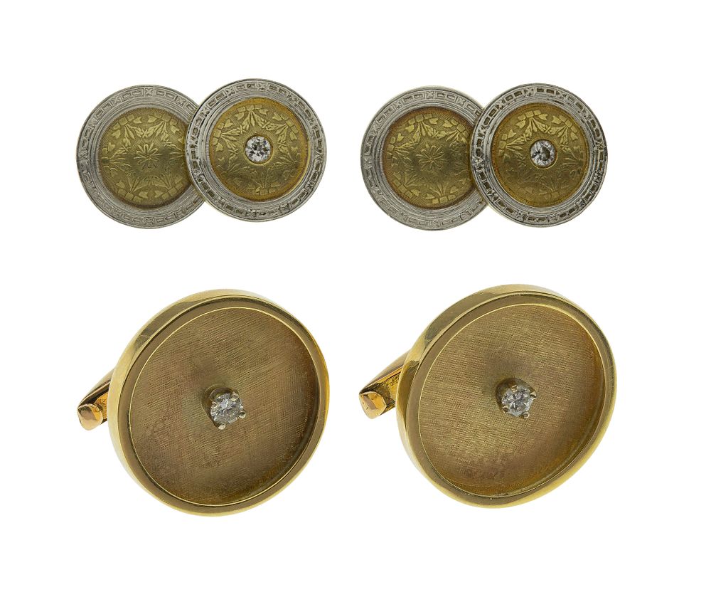 Lot 406: 14k Yellow Gold and Diamond Cufflink Sets