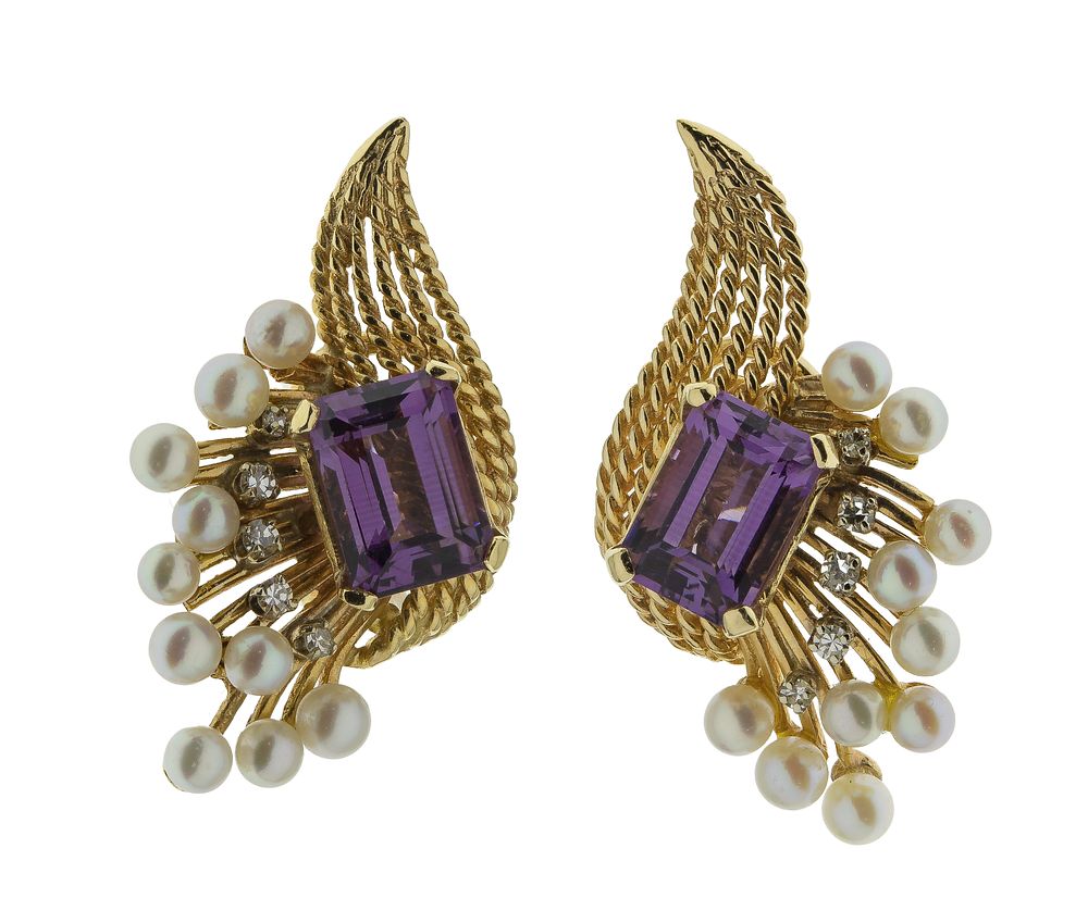 Lot 407: 14k Yellow Gold, Pearl, Amethyst and Diamond Clip Earrings