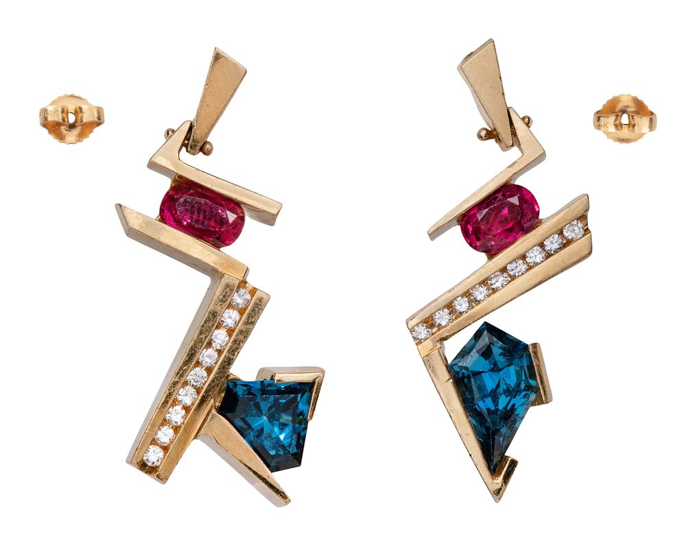 Lot 412: 18k Yellow Gold, Ruby and Blue Topaz Earrings
