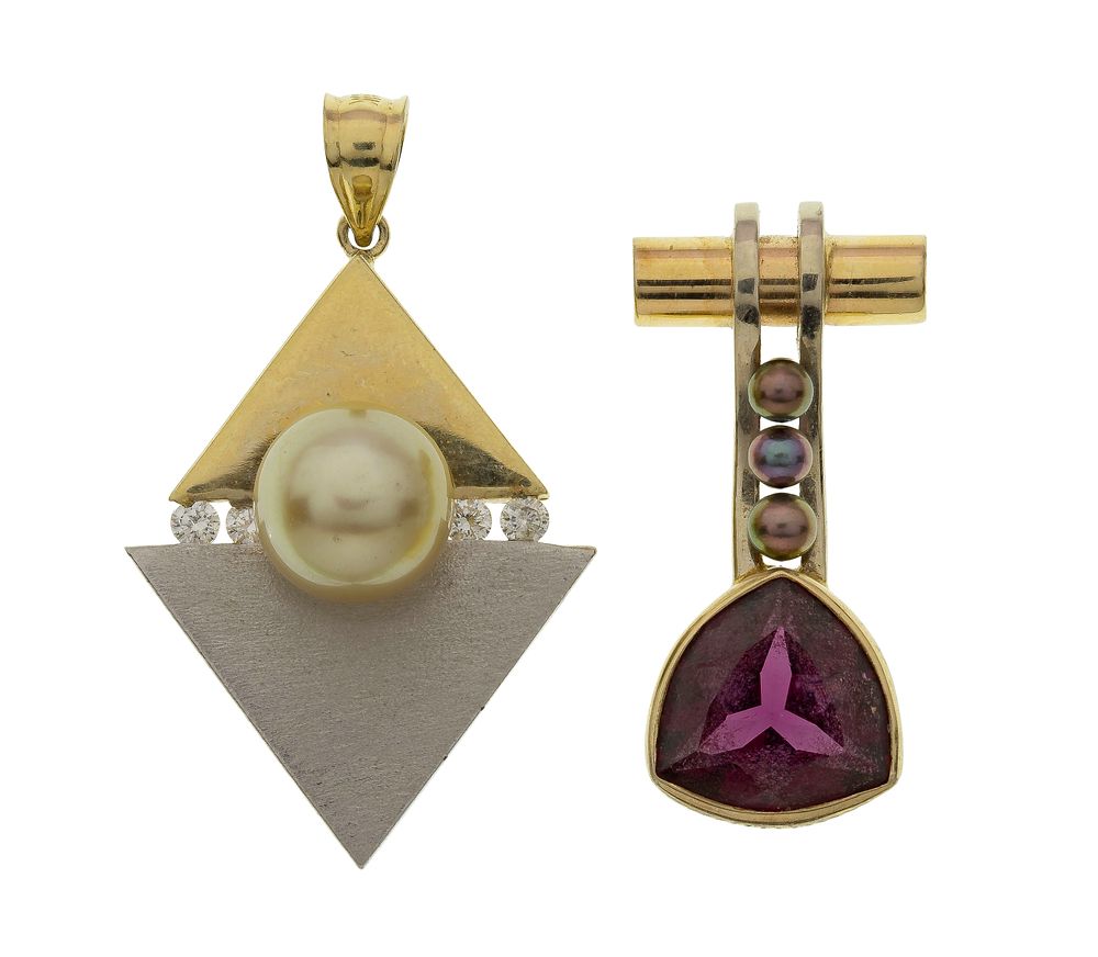 Lot 417: 14k Bi-Color Gold, Pearl and Gemstone Pendants