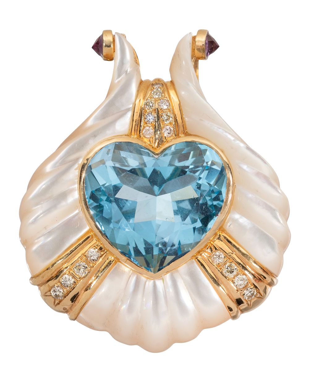 Lot 425: 14k Yellow Gold, Blue Topaz, Amethyst and Diamond Pendant