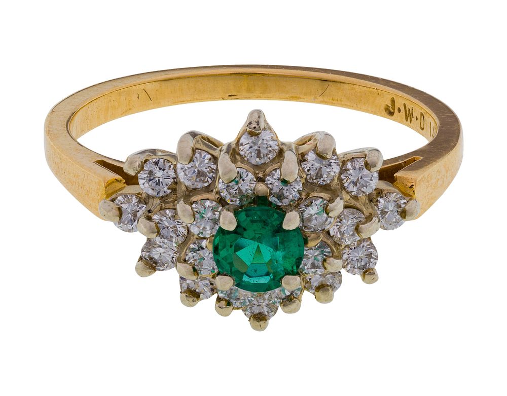 Lot 445: 14k Yellow and White Gold, Emerald and Diamond Ring
