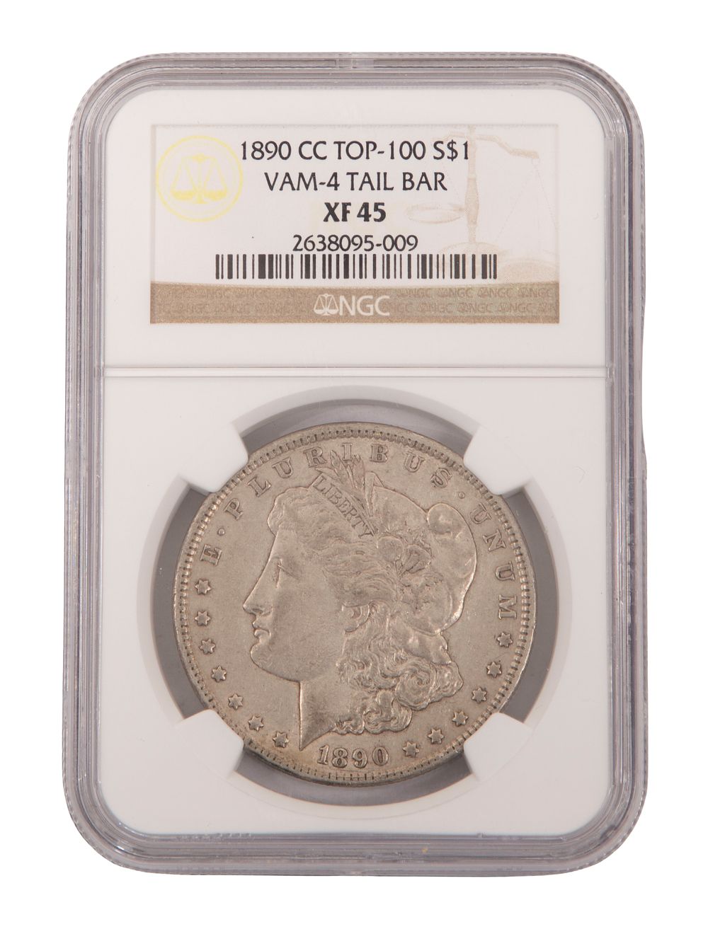 Lot 491: 1890-CC Morgan $1 TOP-100 VAM-4 Tail Bar XF-45 NGC