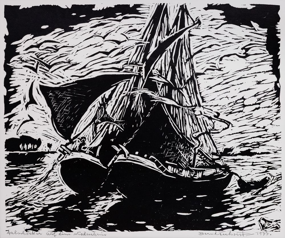 Lot 267: Bernd Terhorst (German, 1893-1986) 'Aalboote auf dem Niederrhein' Linocut