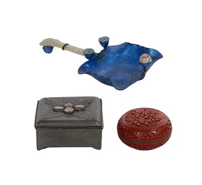 Asian Decorative Object Assortment (3) items including a blue cloisonne and jadeite jade 