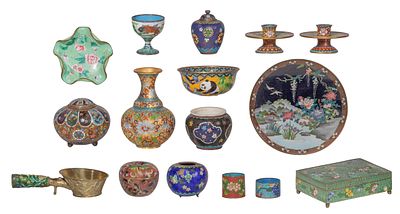 Asian Cloisonne Assortment (16) items of various shapes, sizes, uses and designs including 