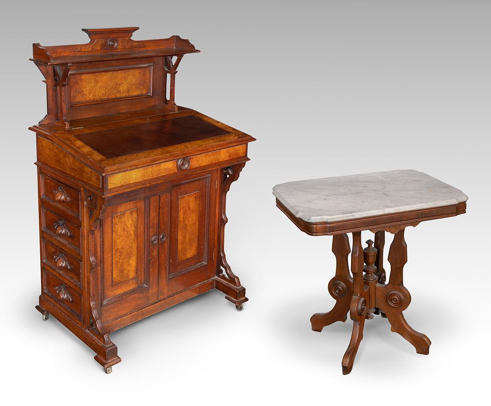 Lot 458: Eastlake Style Walnut Desk and Marble Top Table