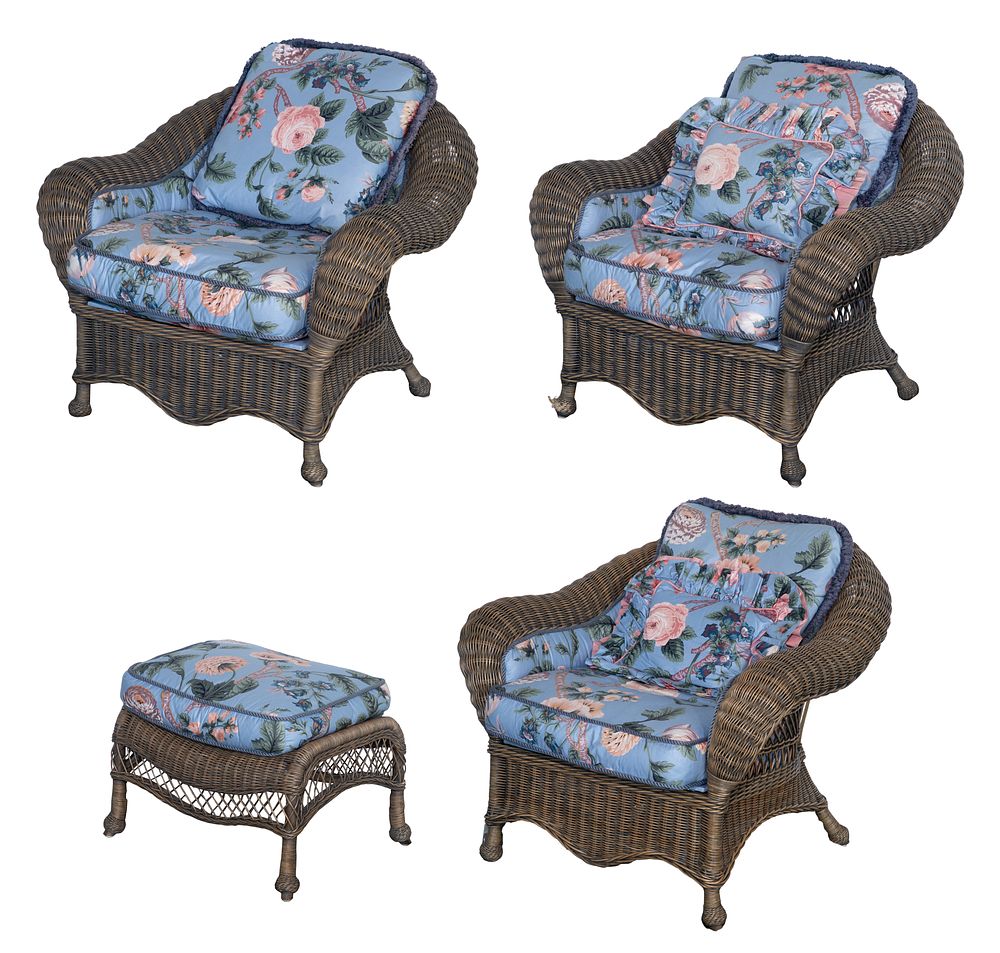 Lot 465: Wicker Upholstered Armchair and Ottoman Assortment