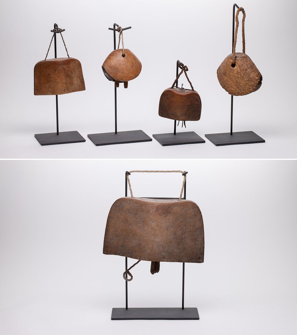 Lot 484: Ethnographic Carved Wood Cow Bell Assortment