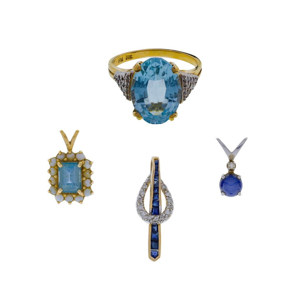Lot 579: 14k Yellow Gold, Blue Gemstone and Diamond Jewelry Assortment