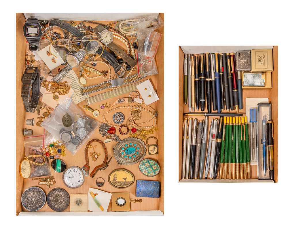 Lot 607: Costume Jewelry, Coins and Pen Assortment