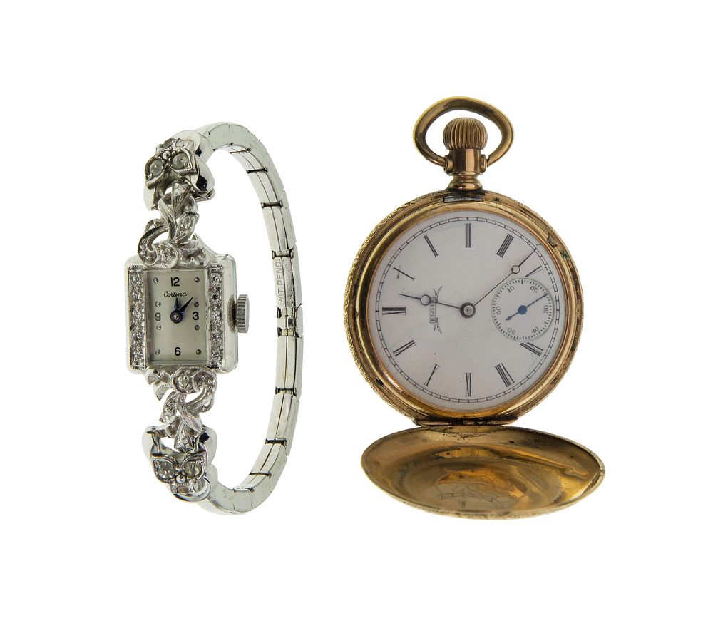 Lot 609: 14k Gold Pocket Watch and Wristwatch