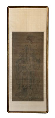 Chinese Ink and Watercolor Silk Scroll A scroll having a portrait of a bearded sage in 