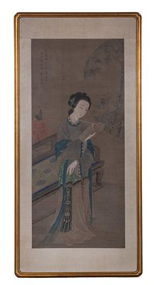 Chinese Gouache on Silk Scroll Undated, unsigned, depicting a scholar, in a gilt wood frame 
