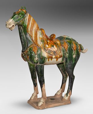 Chinese Tang Style Sancai Ceramic Horse Large scale horse sculpture having a three-color sancai 