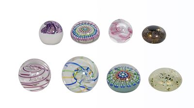 Paperweight Assortment (8) items of various shapes, sizes, designs and artists, including 