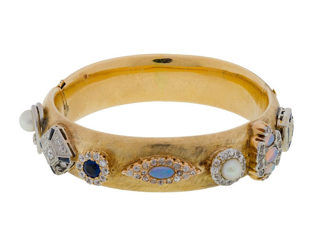 Lot 434: Rine 14k Yellow Gold and Gemstone Hinged Bangle Bracelet