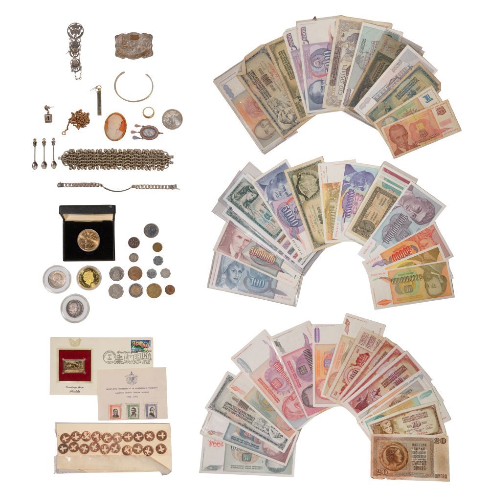 Lot 490: Sterling Silver, Costume Jewelry and World Coin and Currency Assortment