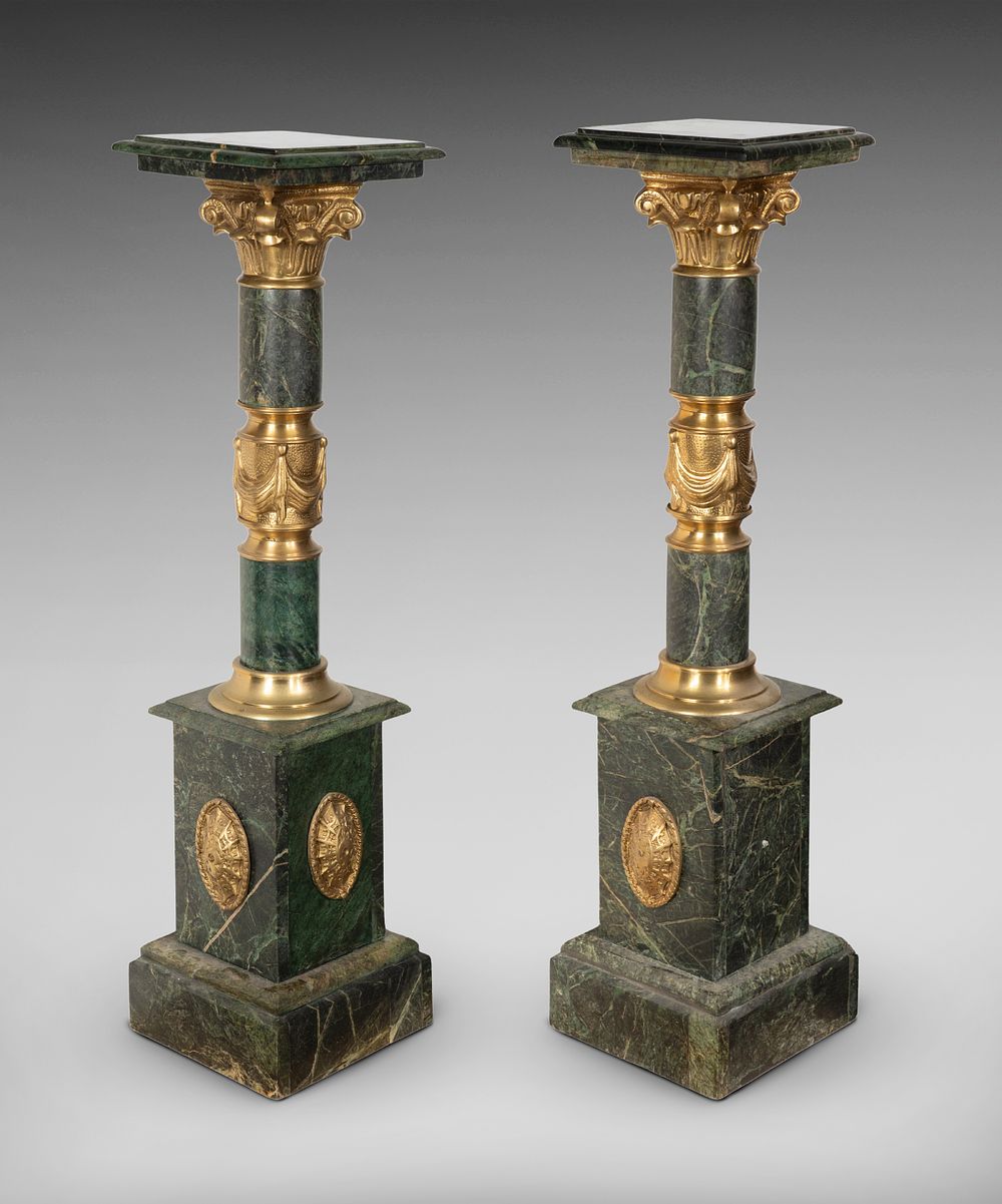 Lot 345: Louis XVI Style French Gilt Brass Mounted Verde Antico Marble Pedestals