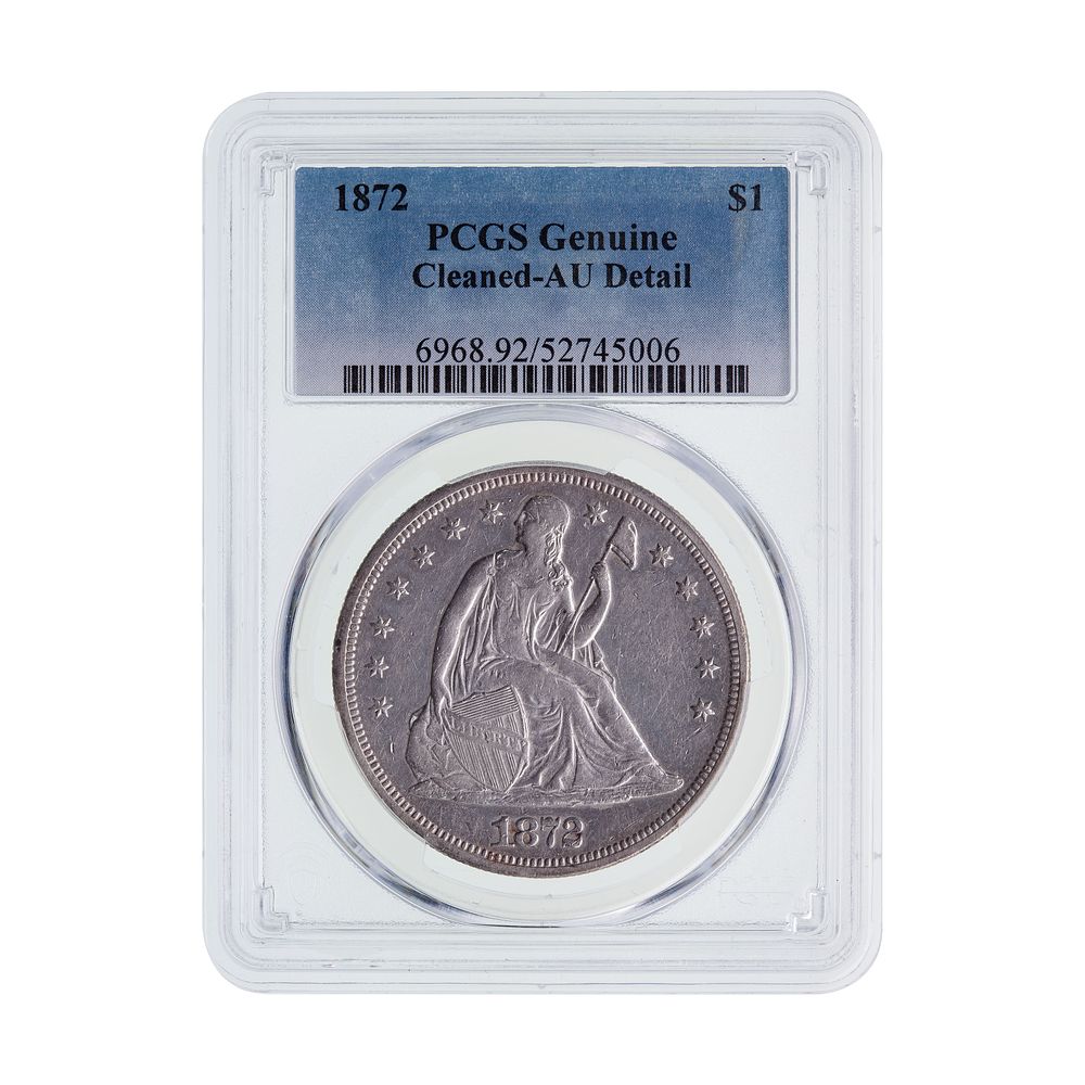 Lot 380: 1872 Liberty Seated $1 Genuine AU Details PCGS