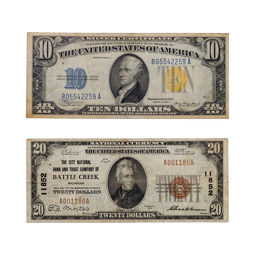 Lot 396: $20 National Currency and $10 North Africa Silver Certificate
