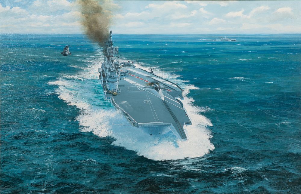 Lot 142: John Steven Dews (British, b.1949) 'H.M.S. Ark Royal, Built 1955' Oil on Canvas