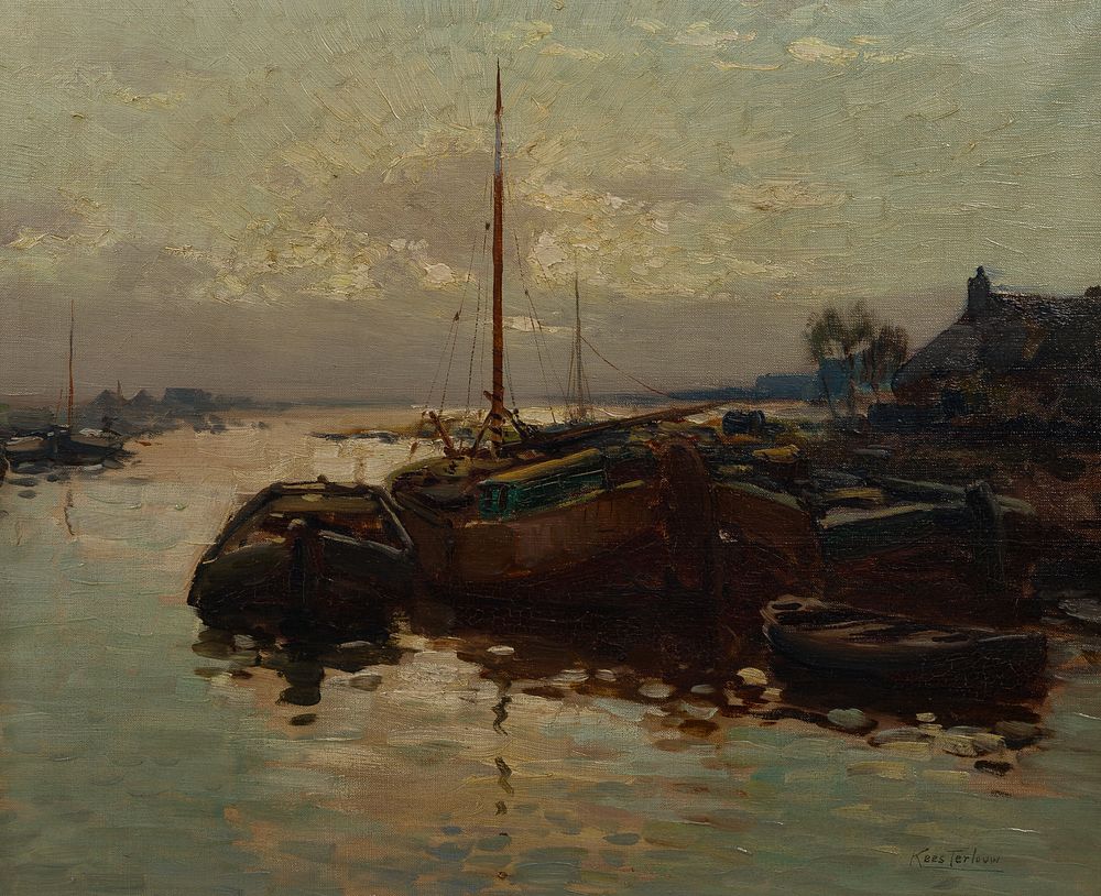 Lot 162: Kees Terlouw (Dutch, 1890-1948) 'Boats in Amsterdam' Oil on Canvas