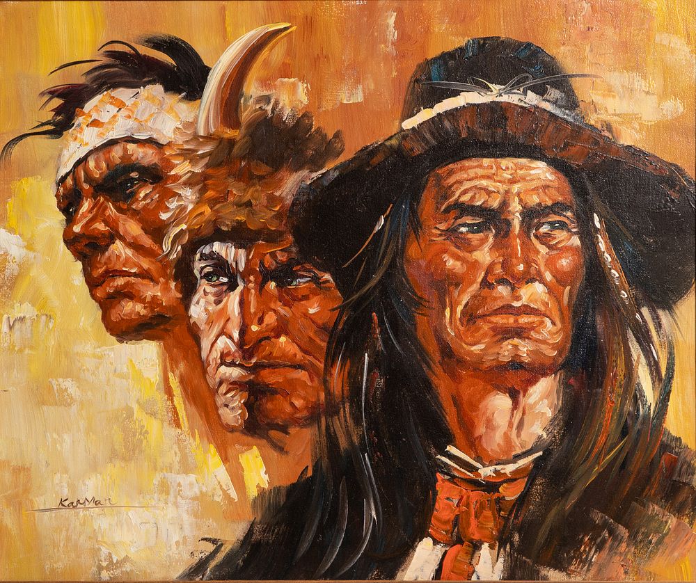 Lot 190: Karman (American, 20th Century) 'Three Indians' Oil on Canvas