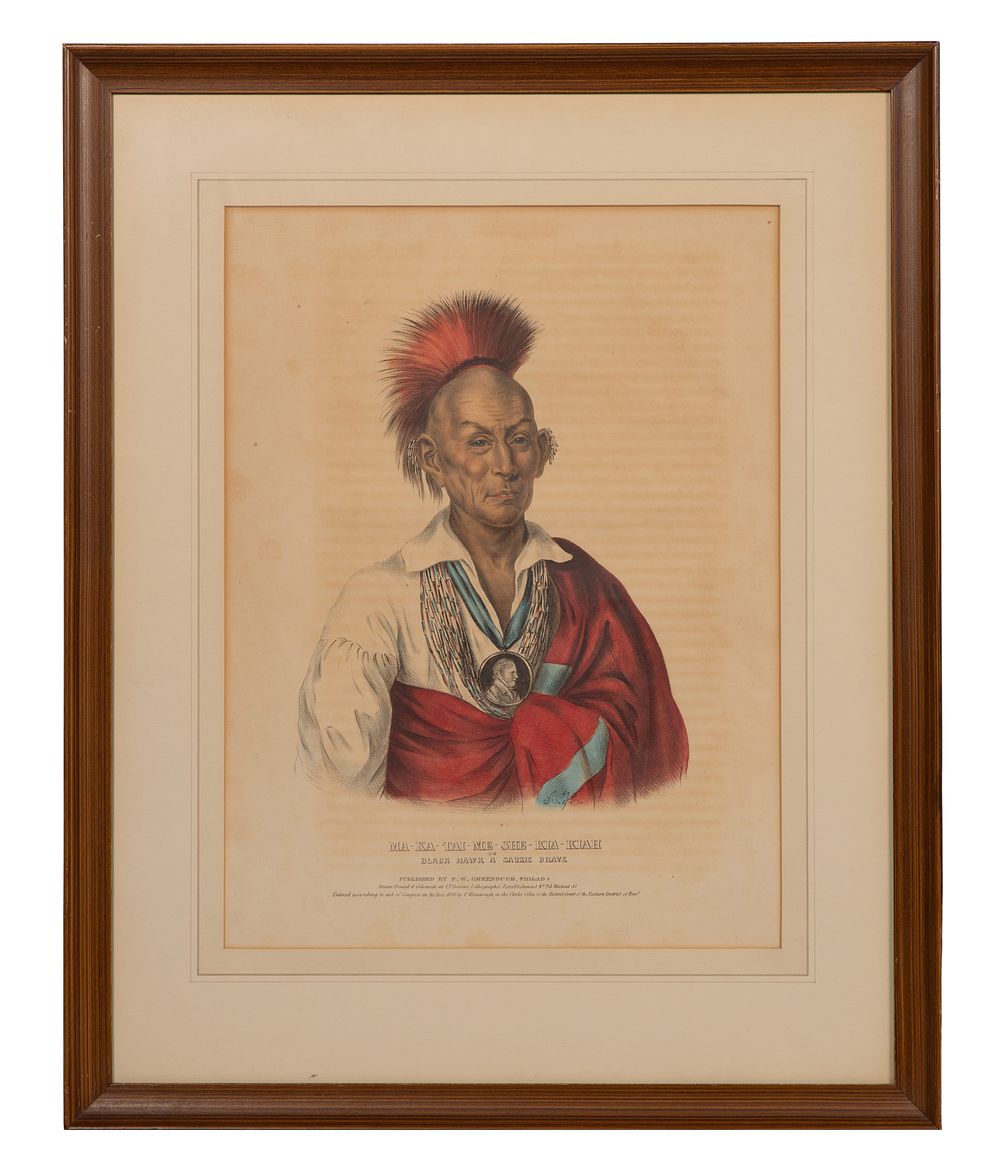 Lot 211: After Charles Bird King (American, 1785-1862) 'Ma-ka-tai-me-she-kia-kiah, Black Hawk, a Saukie Brave' Lithograph