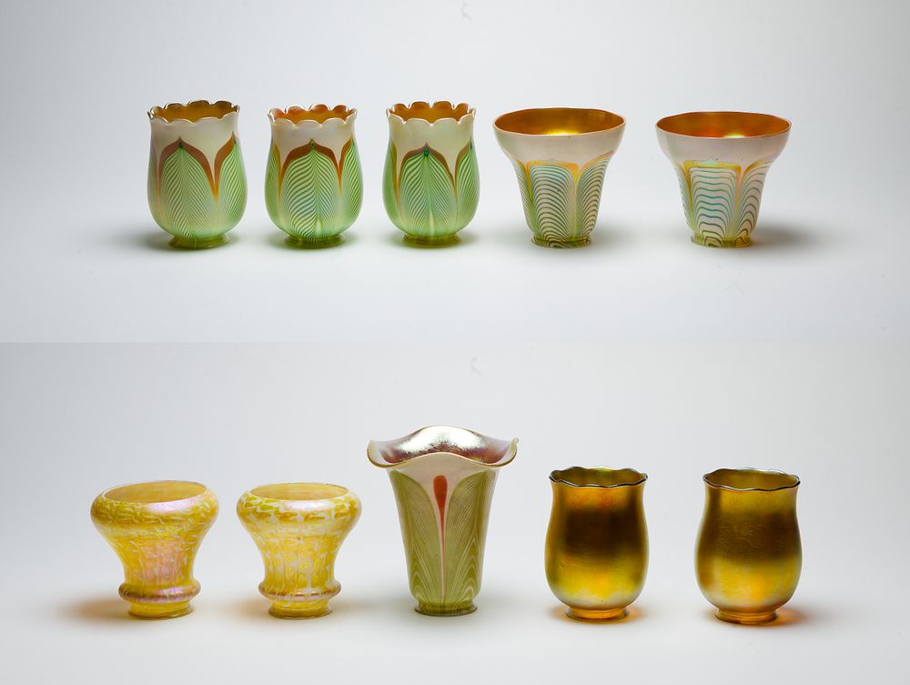 Lot 238: Quezal and Steuben Art Glass Shade Assortment